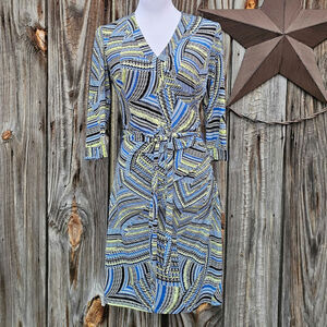 Stripe Patchwork Dress Stretch Surplice Size XS Laundry Shelli Segal Green Blue